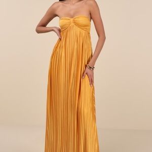 COPY - Lulus Whimsical Beauty Golden Yellow Satin Plisse Strapless Maxi Dress -…